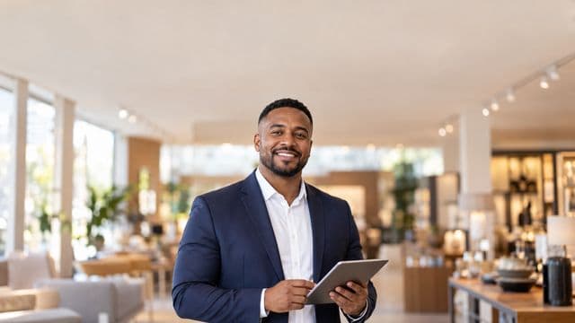 Gerente comercial sorrindo, com blazer azul-marinho sobre camisa branca, segurando um tablet, em uma loja moderna e bem iluminada