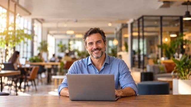 Empreendedor sorrindo, com camisa social azul com as mangas dobradas, segurando um notebook, em um espaço de coworking moderno e iluminado