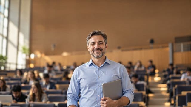 Professor universitário sorrindo, com camisa social azul, segurando um notebook, em um auditório universitário moderno