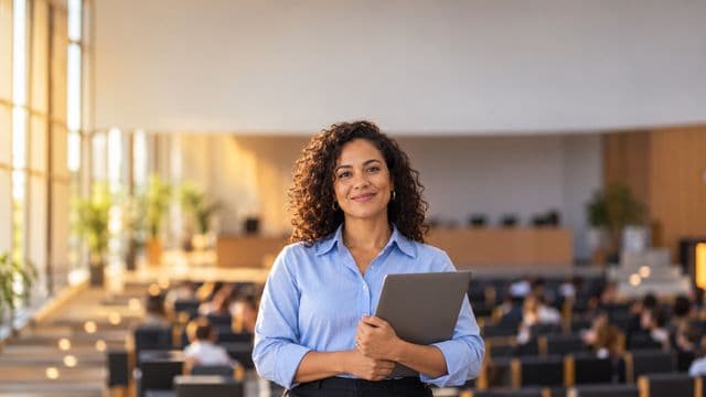 Professora universitária sorrindo, com camisa social azul, segurando um notebook, em um auditório universitário moderno