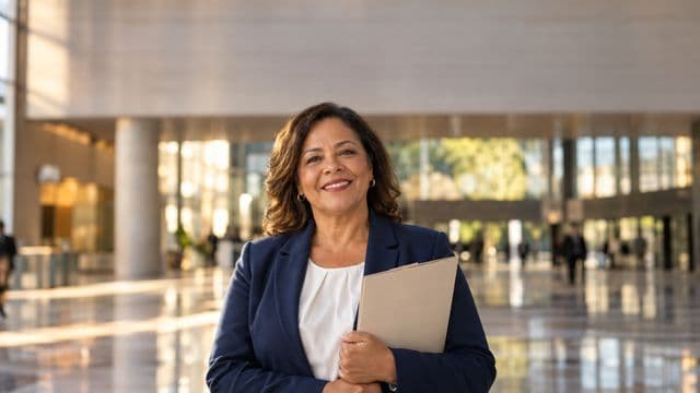 Servidora pública sorrindo, com blazer azul-marinho sobre camisa branca, segurando uma pasta, em o saguão amplo de um prédio público moderno