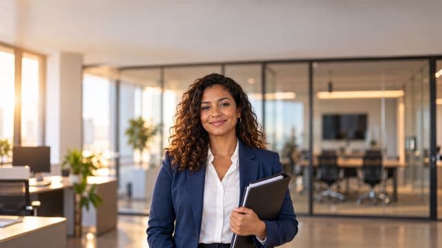 Profissional de recursos humanos sorrindo, com blazer azul sobre camisa branca, segurando uma pasta de documentos, em um escritório moderno com uma sala de reunião envidraçada
