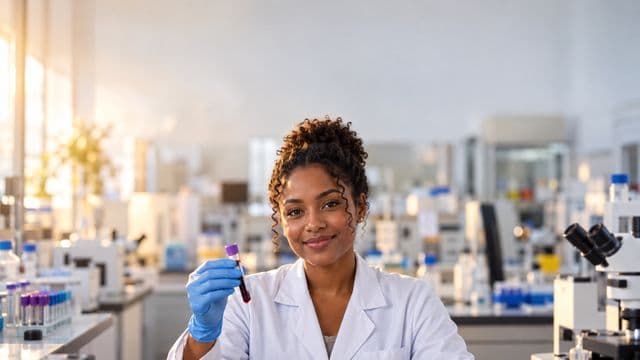 Biomédica sorrindo, com jaleco branco e luvas azuis, segurando um tubo de ensaio, em um laboratório de análises clínicas com microscópios e bancadas