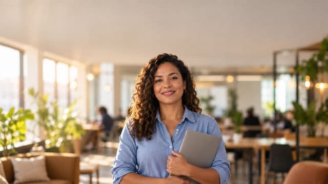 Empreendedora sorrindo, com camisa social azul com as mangas dobradas, segurando um notebook, em um espaço de coworking moderno e iluminado