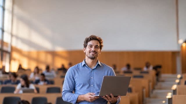 Professor universitário sorrindo, com camisa social azul, segurando um notebook, em um auditório universitário moderno