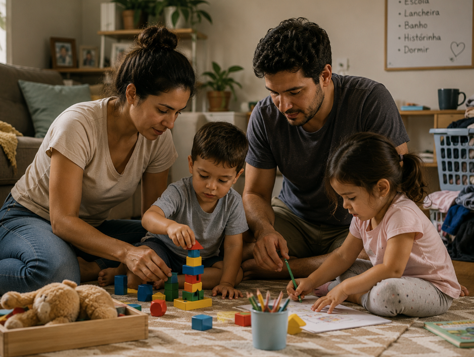 Família brasileira no chão da sala com dois filhos pequenos brincando juntos