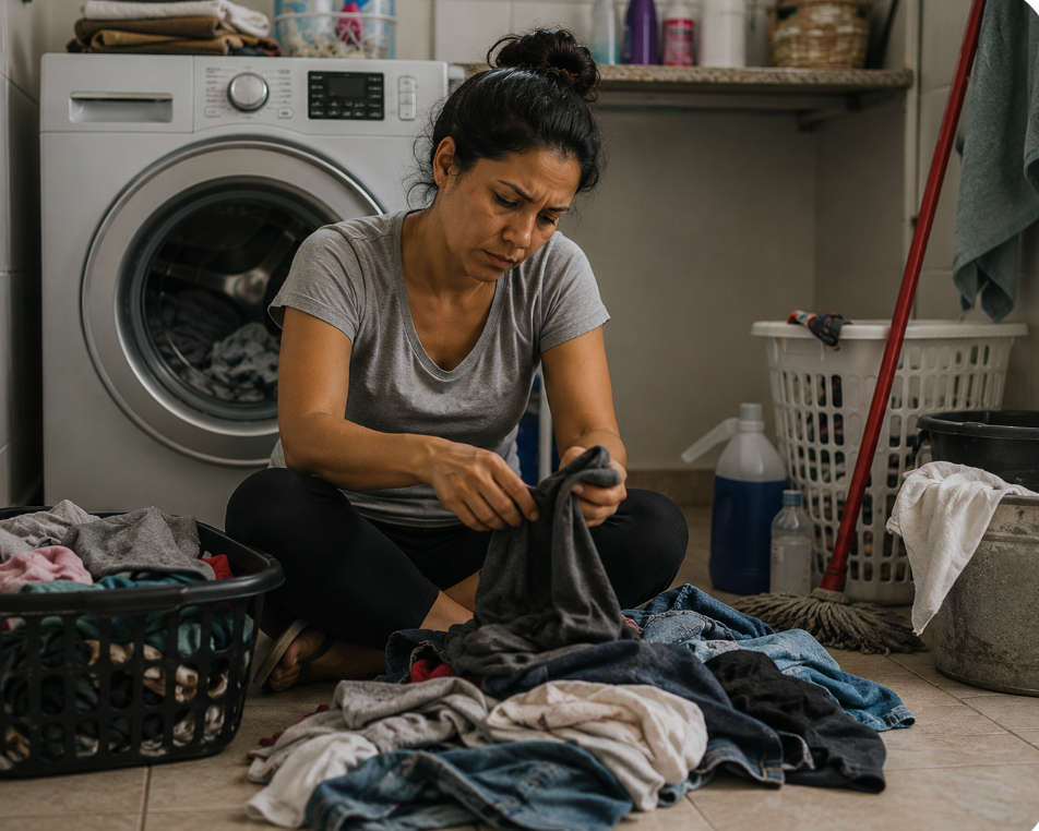 Mulher dobrando roupas no chão da lavanderia, em frente à máquina, com cesto cheio