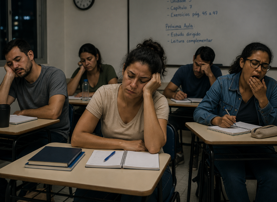 Adultos cansados em sala de aula tradicional, com cadernos abertos e expressão de tédio