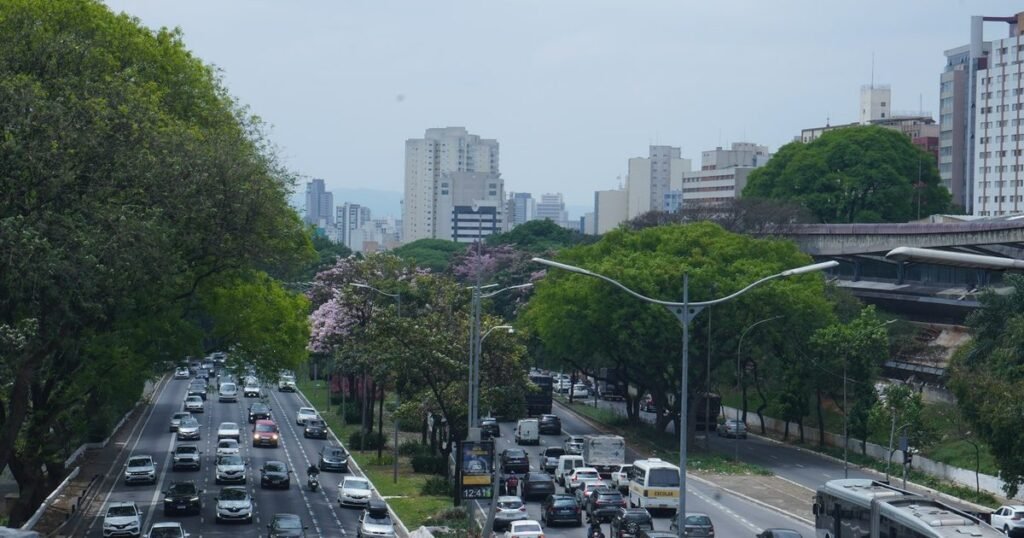 Avenida movimentada de São Paulo com trânsito intenso de carros e ônibus e prédios ao fundo