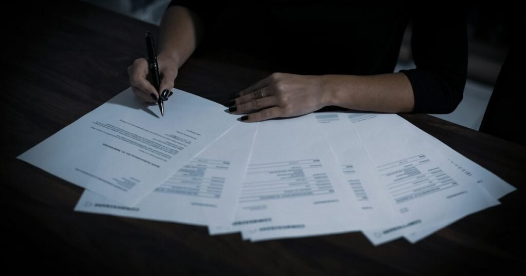 Mãos de auditora com caneta analisam um leque de documentos financeiros sobre a mesa escura