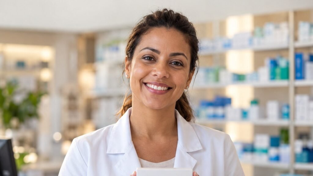 Farmacêutica sorrindo no balcão de uma farmácia no Dia Internacional do Farmacêutico