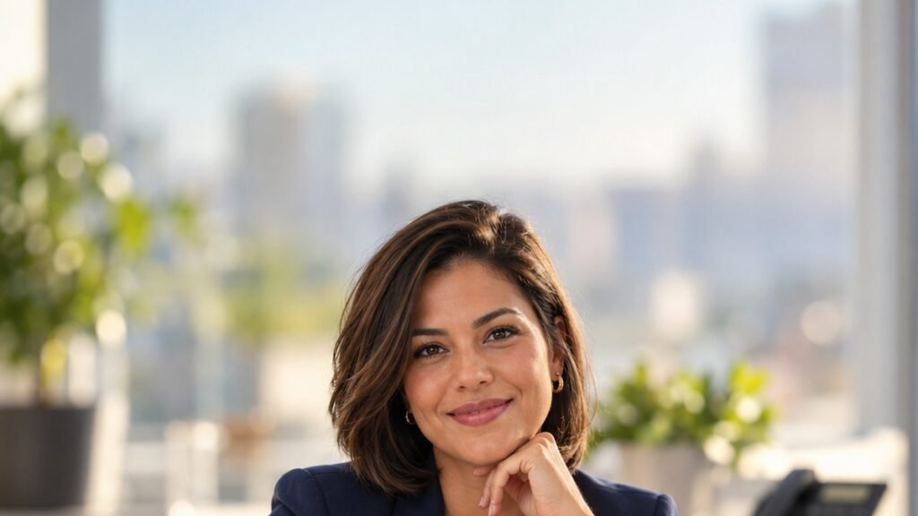 Secretária executiva sorridente em escritório moderno no Dia da Secretária