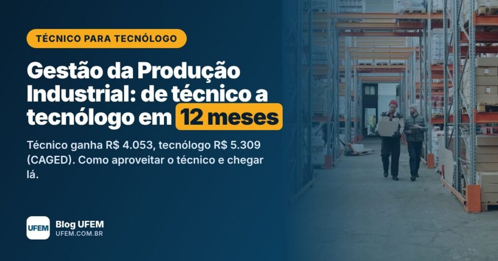 Dois profissionais conferindo estoque em corredor de armazem industrial, ilustrando Tecnico para Tecnologo em Gestao da Producao Industrial