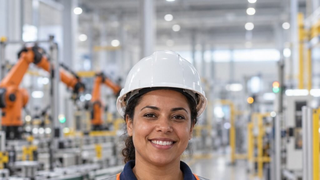 Tecnóloga com capacete e colete de segurança usando tablet em chão de fábrica moderno no Dia do Tecnólogo